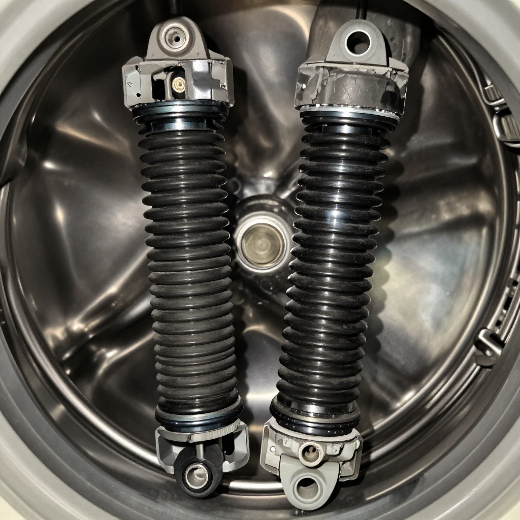 Lay the machine on its back to access the shock absorbers